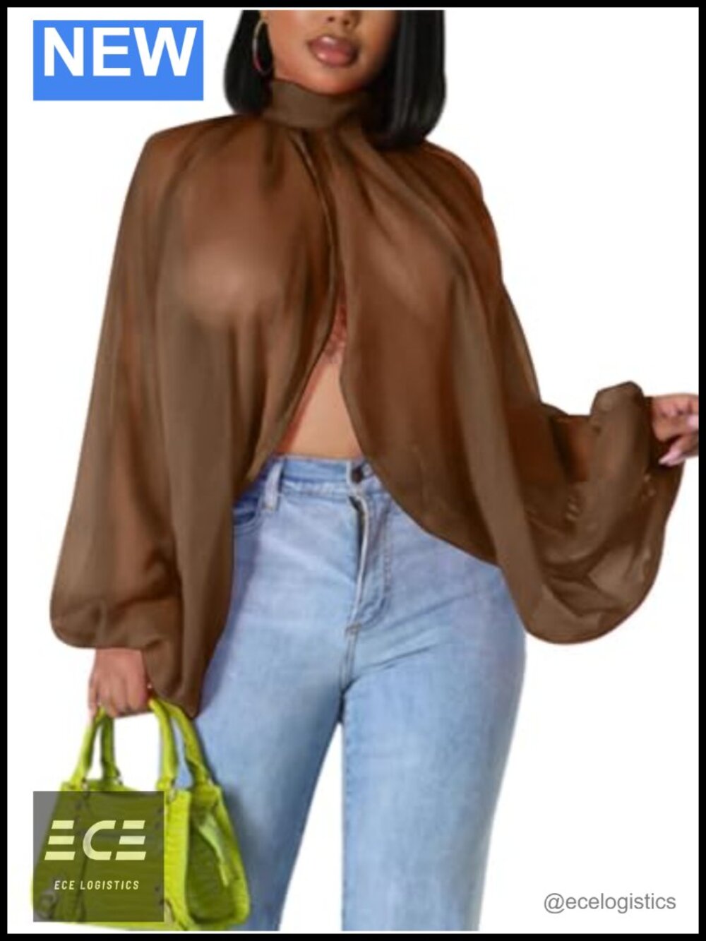 Womens Sheer Chiffon Batwing Sleeve Blouse Open Back Party Top S-XXL